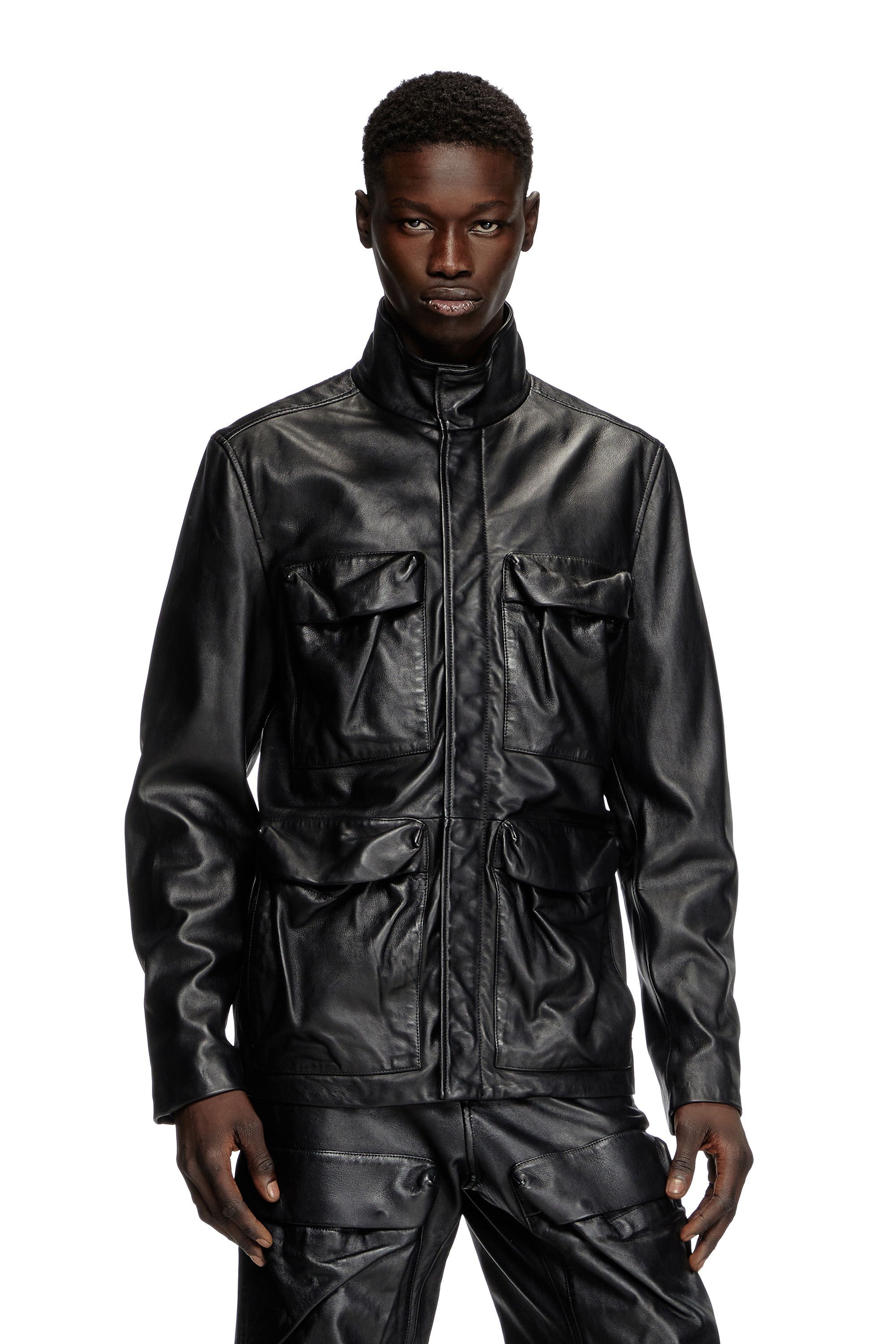 Diesel - L-GAST, Unisex's Leather jacket with utility pockets in Black - 3