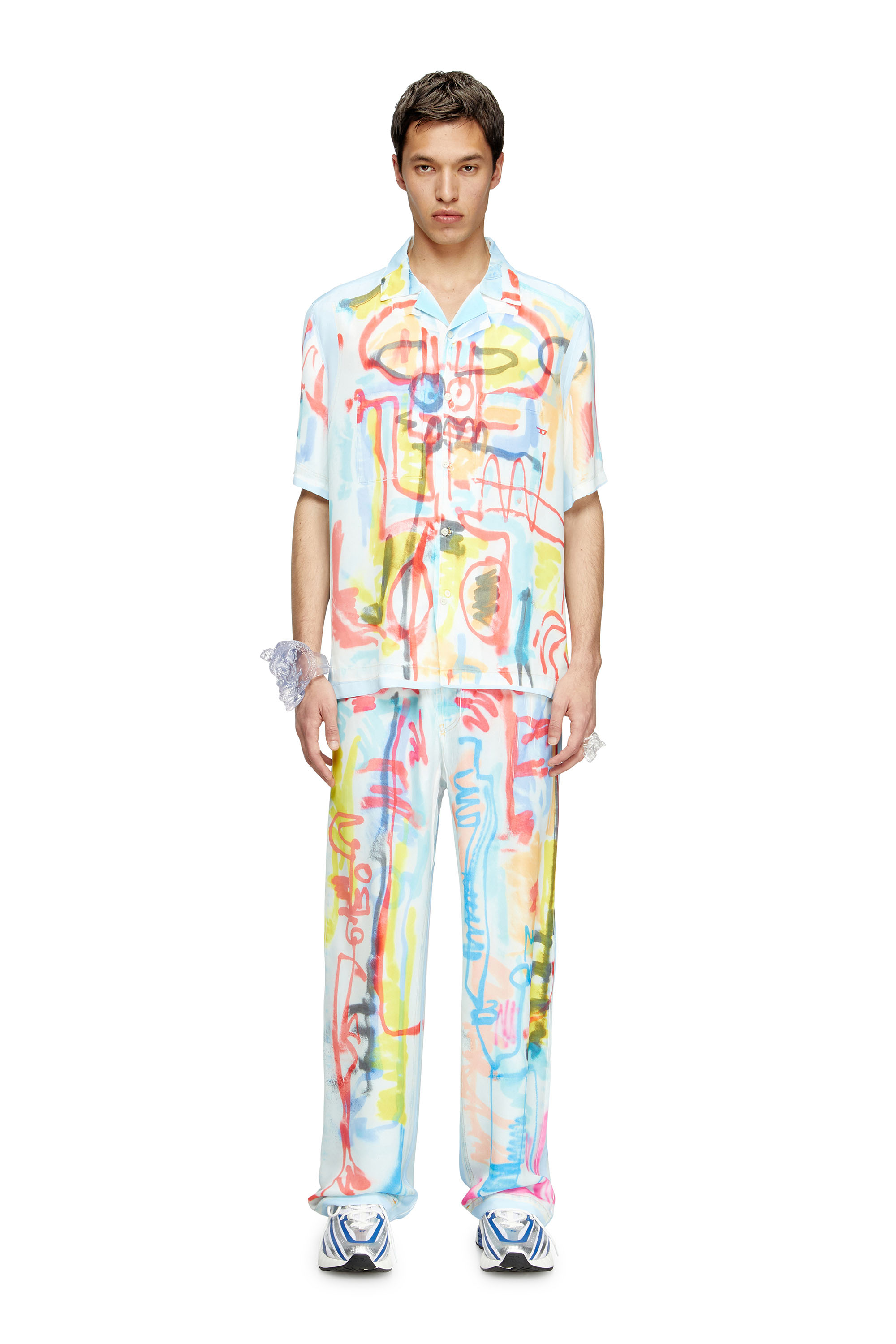 Diesel - C-PAROSHORT-GRAFFITI-AFR, Unisex's Satin bowling shirt with graffiti print in Light Blue - 3